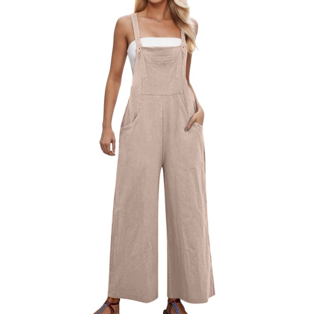 TrendOFT Combinaison une Pièce Femme Décontractée Été Ample Sans Manches Bretelles Spaghetti Réglables Pantalon Grand Extensible avec Poche Combinaisons une Pièce Kaki S