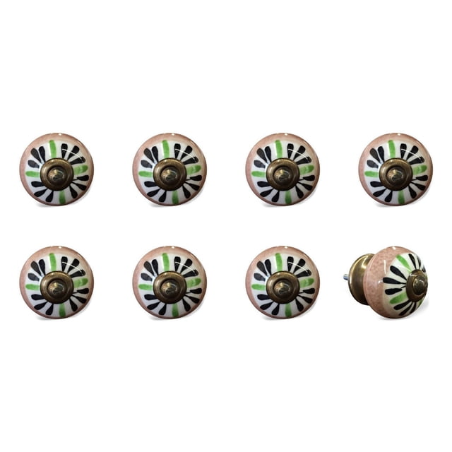 KNOB-IT Vintage handpainted ceramic knobs 8 pack with 1.5 inch diameter, featuring pink round knobs decorated with black and green floral designs and antique brass bolt centers, ideal decorative cabinet hardware for drawers and cupboards, with bolts that can be trimmed to size.