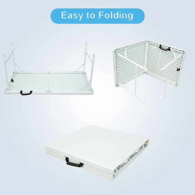 Folding Table, 4 Ft Adjustable Height Plastic Foldable Table, Portable Fold-In-Half Table with Handle, Lightweight Camping Table for Dining, Picnics, BBQs, Parties, Indoor, Outdoor Use