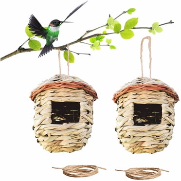 Nichoir Suspendu pour l'Extérieur, Nichoir pour Colibris, Maisons de Nidification pour Colibris d'Extérieur avec Corde, Cabane/nid d'Oiseau Sauvage Douillet pour Audubon, Pinson, Canari, Moineau Chanteur, Lot de 2 (Forme Cabane)