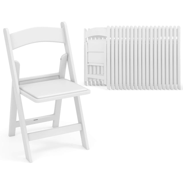 Costway Lot de 20 Chaises Pliantes en Résine avec Siège Rembourré, Dotées d'Un Cadre en Résine Blanc Résistant aux Intempéries et d'Une structure Renforcée pour la Durabilité. Les Chaises Sont Exposées dans des positions Pliées et Empilées, Mettant en Valeur Leur Conception à Pliage Rapide pour un Rangement Gain de Place. Parfaites pour l'Extérieur, les Mariages et les Fêtes.