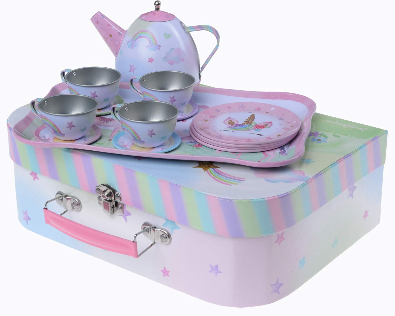 Jewelkeeper 15 Piece Kids Pretend Toy Tin Tea Set & Carrying Case
