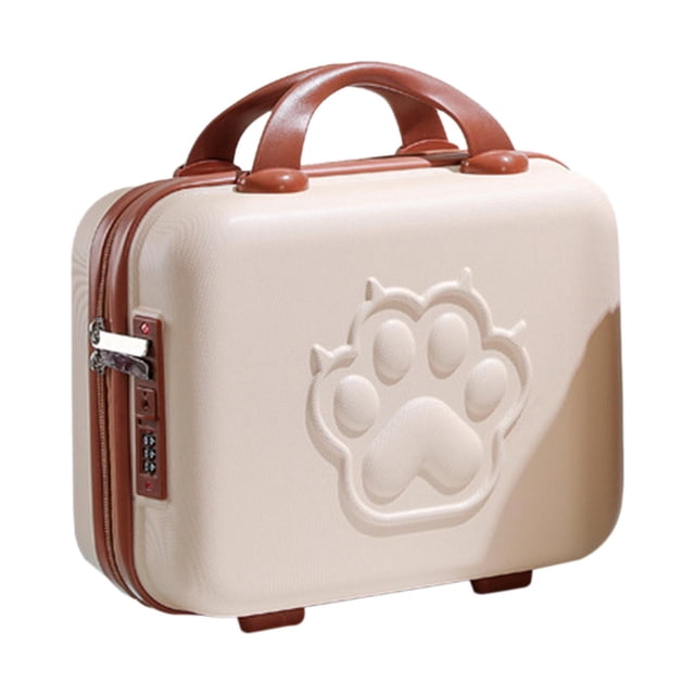 Valise de 14 Pouces avec Poignée en beige, Présentant un Motif d'Empreinte de Patte de Dessin Animé sur l'Extérieur Givré en ABS. Comprend un Verrou à Mot de Passe pour un Rangement Sécurisé et une Poignée Brun Douce pour un Transport Confortable. l'Intérieur a des Poches en Maille Croisée pour Organiser de Petits Articles. Compacte et Légère, Mesurant 30 cm x 15,5 cm x 23 cm, Convient aux Voyages, à l'École Ou aux Voyages d'Affaires. Durable et Résistante aux Rayures, Elle Peut Être Fixée à de Plus Grandes Valises à Roulettes pour Plus de Commodité