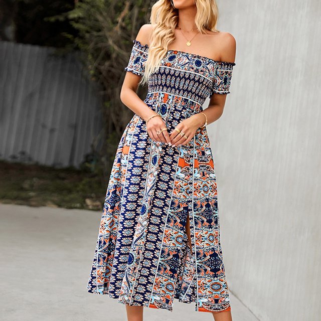 ANGGREK One Piece Off Shoulder Dress, Off Shoulder Slit Long Dress Floral Printed For Daily Life