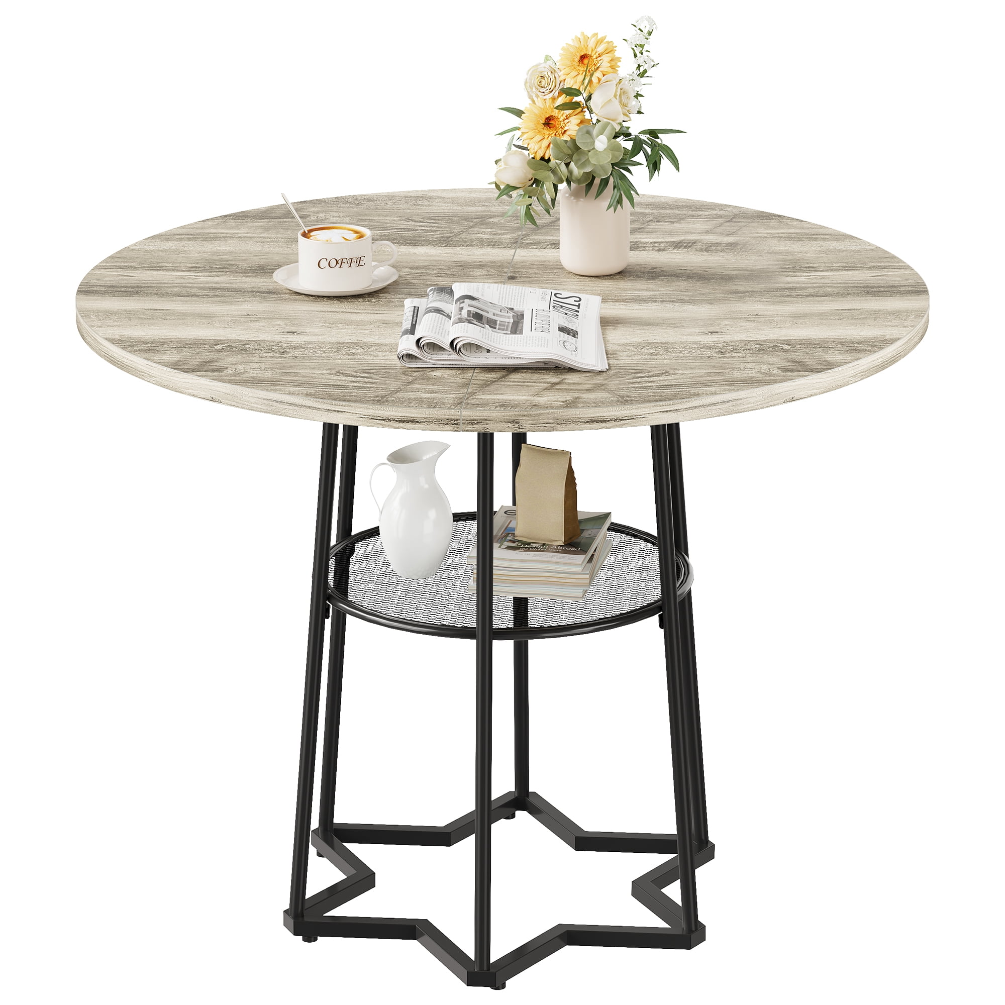 QinaQin 38.6-Inch Round Dining Table with Storage Shelves, Wooden Table, Farmhouse Style Kitchen Table, Metal Base, Suitable for Home, Kitchen, and Living Room (Table Included)