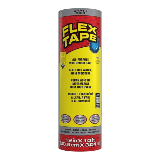 Flex Tape , Ruban Imperméable Caoutchouté Solide, 12 Pouces x 10 Pieds, Gris. un Rouleau de Ruban Imperméable Gris durable avec un Endos Caoutchouté, Conçu pour Patcher, Coller et Sceller les Fuites sur Diverses surfaces, Y Compris le PVC, le Métal, le Bois et le Verre. le Ruban Est Résistant aux UV, Sans Voc, et Résiste aux conditions Météorologiques Extrêmes. Idéal pour les Réparations à la Maison, la Plomberie, les Réparations Automobiles et les Projets de Bricolage. Emballé dans un Contenant Cylindrique