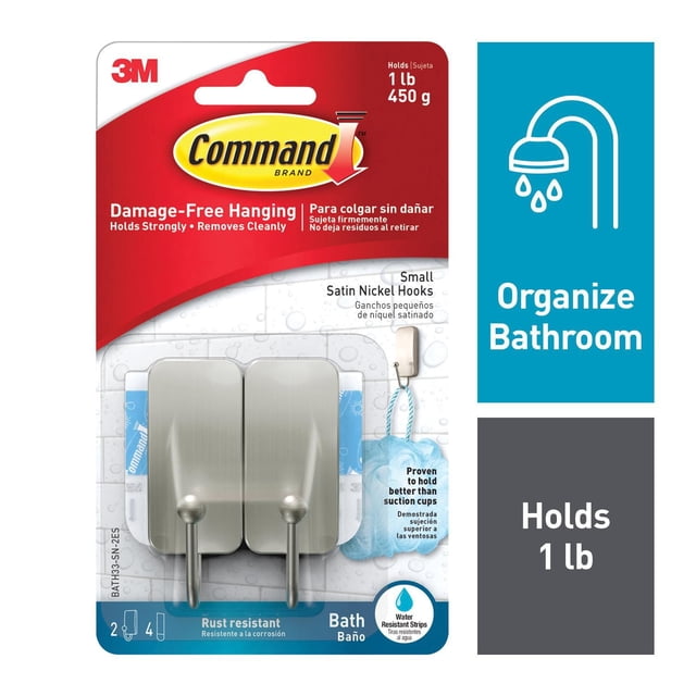 Command™ Bath Hook BATH33-SN-2EF with two small satin nickel hooks on 3M packaging, designed for damage-free hanging in bathrooms, rust resistant with water-resistant adhesive strips, holds up to 1 lb, suitable for organizing towels and bath accessories.