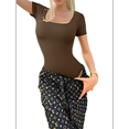 thumbnail image 3 of Women's 2 Piece Bodysuits Ribbed Square Neck Short Sleeve Bodysuits Coffee Color S, 3 of 8