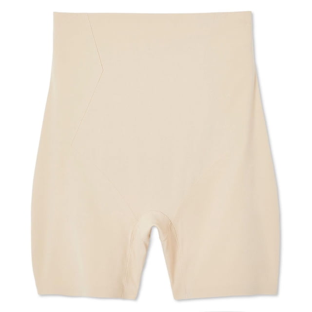 George Women's Bonded Shaper Boyshort in beige with mid-rise fit, bonded edges at waistband and hem, soft jersey knit fabric, inner mesh tummy control panel, and cotton gusset for shaping and smoothing waist and hips, ideal for seamless wear under dresses and skirts.