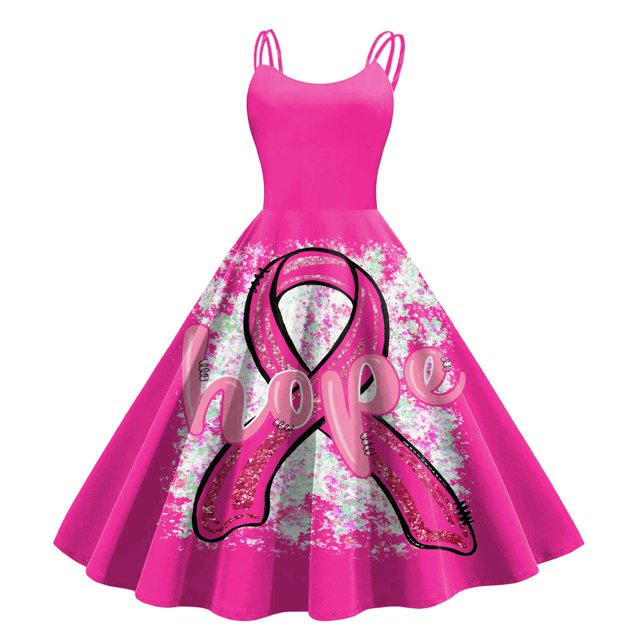 TJAZFJPA Robes d'Invitée de Mariage Femmes Robe Cancer Femmes Robe Cancer Ruban Rose Sensibilisation au Cancer Imprimé Sans Manches Robe des Années 1950 Plus Forte Que le Cancer Robe à Manches Courtes Motifs de Robe pour Femmes Couture