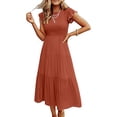 thumbnail image 2 of Tumotour Robes d'Été pour Femmes, Ligne A, Col Rond, Couleur Unie, Robe Décontractée à Volants, Longueur Thé, Manches Courtes, Robe Midi Évasée Fluide, Robes Bohèmes pour Sorties, Plage, Rendez-Vous, Vacances, 2 of 7