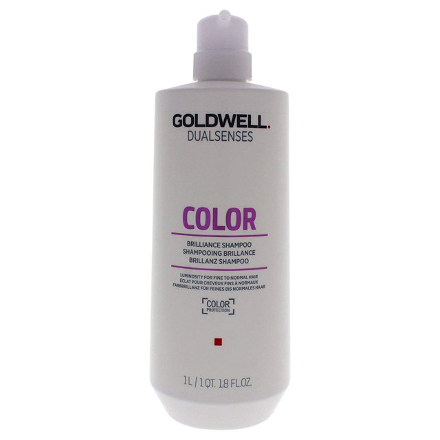 Goldwell Dual Senses Color Brilliance Shampoo 1000ml bottle with a white design and purple text. Features a pump dispenser and is formulated to enhance color luminosity for color-treated and non-color-treated hair. Includes FadeStopFormula to minimize color fading.