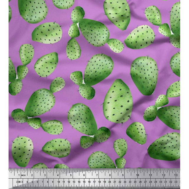 Soimoi Purple Silk Fabric Cactus Tree Decor Fabric Printed Yard 42 Inch Wide