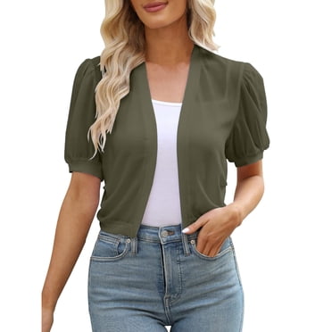 2025 Women Puff Sleeve Bolero Short Sleeve Cardigans for Women Open Front Summer Cropped Jackets for Women Trendy Sheer Jackets