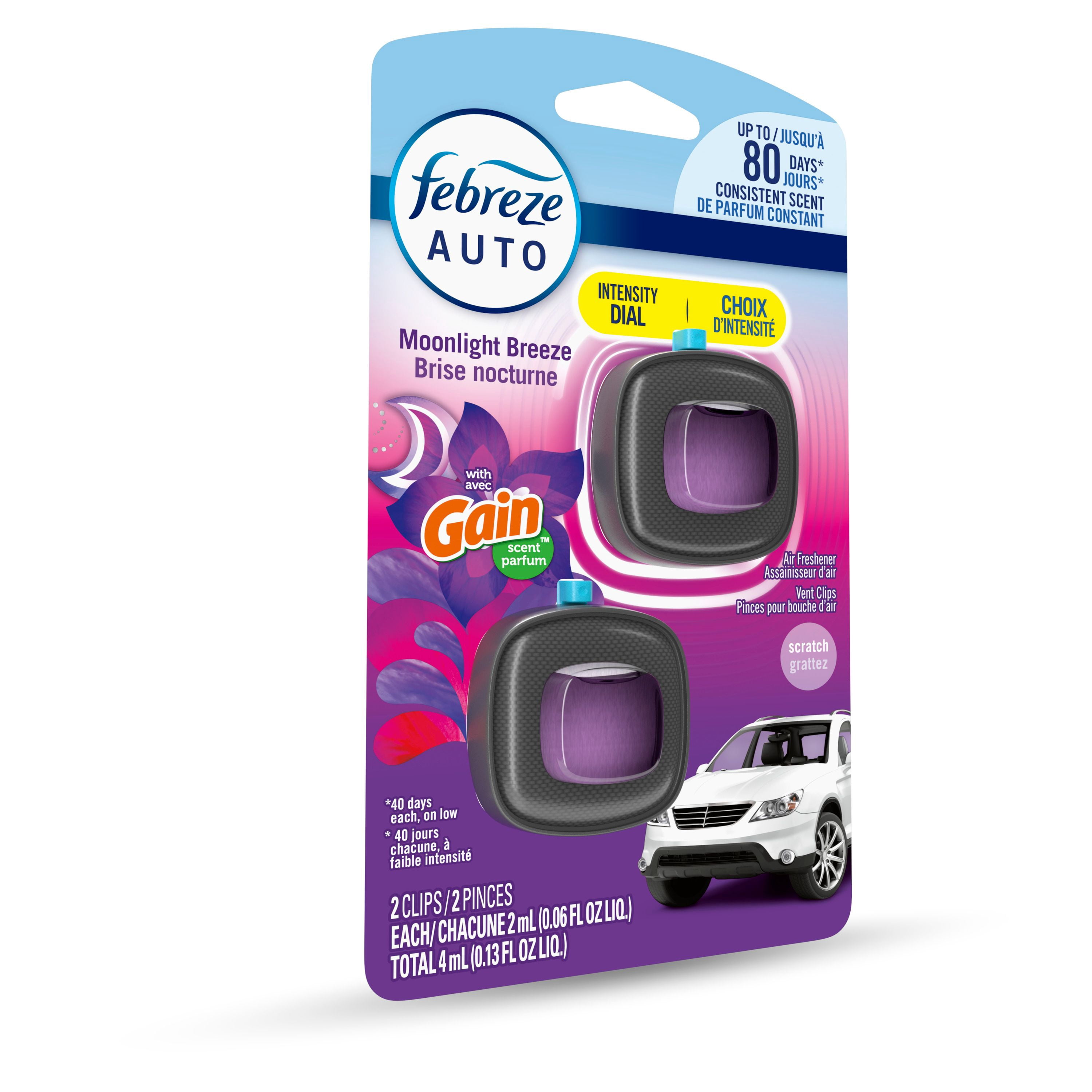 Febreze Assainisseur d'Air pour Auto, Pince pour Bouche d'Air d'Auto Anti-Odeurs, Parfum Gain Brise Nocturne, 2 Unités
