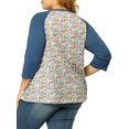 thumbnail image 3 of Agnes Orinda Women's Plus Size 3/4 Raglan Sleeve Floral Contrast Color Blouse 1X Blue, 3 of 8