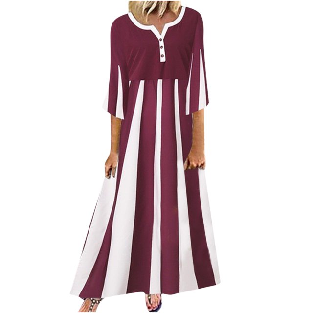 EQWLJWE Robes d'Été pour Femmes 2023 Mode d'Été pour Femmes Décontractée à Rayures Imprimées Manches Mi-Longues Robe Midi Ample