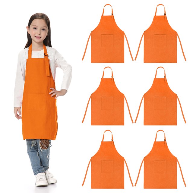 TOPTIE 6 Pack Kids Aprons with Pocket & Adjustable Strap, Child Chef Bib Apron for Kitchen Cooking Baking Painting-Orange-XXL