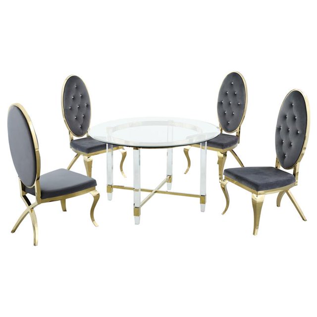 Ensemble de Salle à Manger 5 Pièces avec Table en Verre Circulaire et Accents en Acier Inoxydable Dorés