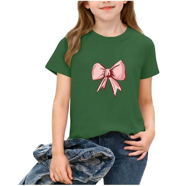Childrens Girl Summer Round Neck Classic Solid Color Casual Short Sleeve Top With Bow Fashion
