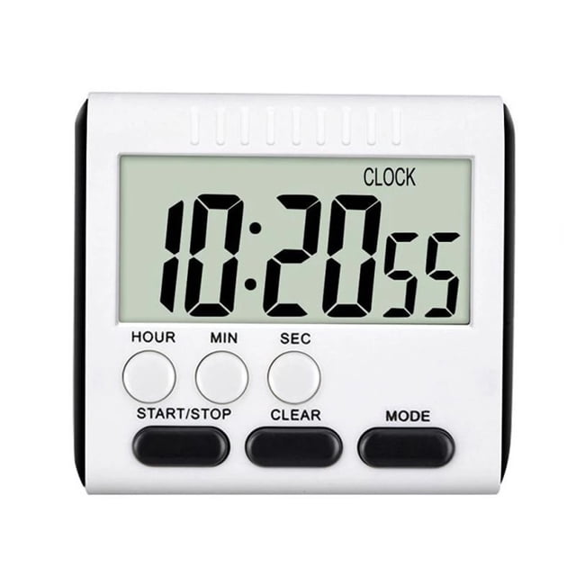 Bgsha Magnetic Kitchen Timers with 24-hour countdown and count-up functionality, featuring a large LCD display with bold, easy-to-read numbers. The timer includes buttons for hour, minute, second, start/stop, clear, and mode, along with a foldable stand, hanging mount, and magnet for versatile placement. Ideal for cooking, timed games, scheduling activities, and deadline reminders. Dimensions: 75x70x25mm, LCD size: 60x28mm, color: black and white.