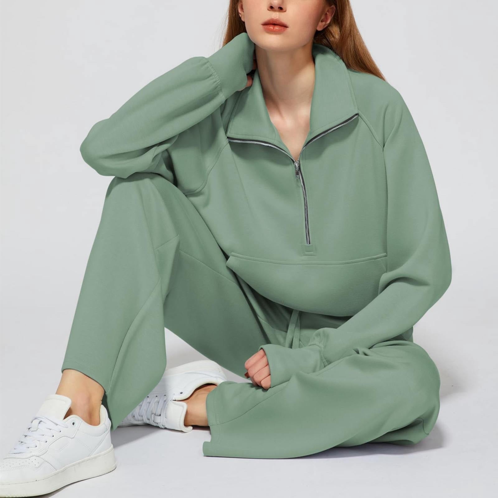 Women 2 Piece Outfits Sweatsuit Half Zip Mock Neck Sweatshirt Fall
