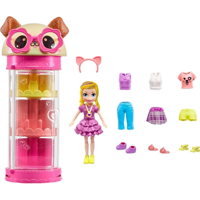 Polly Pocket Ensemble de Jeu de Garde-Robe de Mode Style Spinner avec Thème Poupée Polly et Chiot Présentant une Garde-Robe Cylindrique Rose Tournante avec un Couvercle de Visage de Chiot et des Lunettes Roses, une Poupée Polly de 3 Pouces en Robe à Volants Violette et des Chaussures Jaunes, un Serre-Tête Oreilles de Chat Rose, six Hauts Supplémentaires, Trois Bas et Trois Paires de Chaussures pour Jouer de la Mode à Assortir.