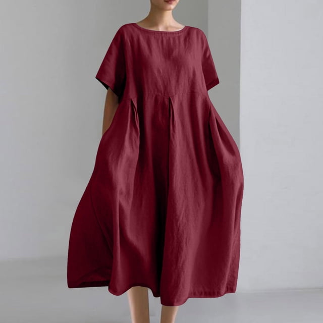 Amzcrzy Robes d'Été pour Femmes Grande Taille P-5TG Tendance Couleur Unie Col Rond Robe de Printemps Décontractée Ample Manches Courtes Robes d'Été pour Femmes Coton Lin Robe Midi