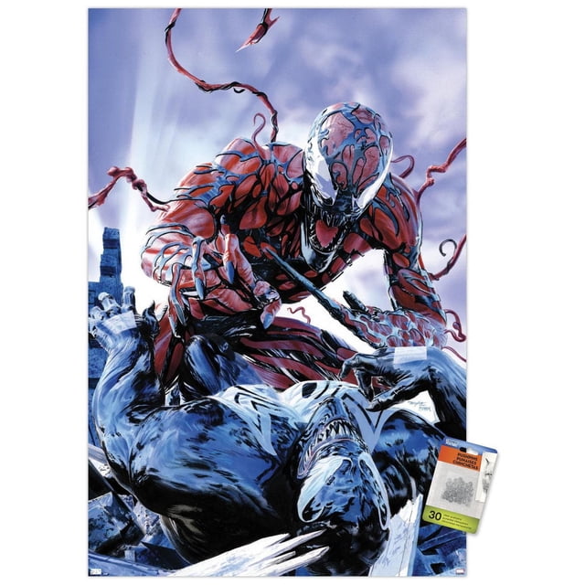 Marvel Comics - Carnage - Affiche Murale Battle with Venom, 14,725 Po x 22,375 Po Présentant une Illustration de Bande Dessinée Détaillée de Carnage sous Forme de symbiote Rouge et Noir Attaquant Venom sous Forme de symbiote Noir et Blanc sur les Gravats, Imprimée sur Papier d'Affiche Lustré, Idéale pour l'Art Mural et la Déco de Pièce dans les Chambres Ou les Bureaux.