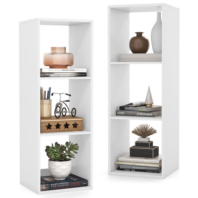 Gymax 3-Cube Bookshelf Modern Vertical Bookcase with Back Guardrail and Anti-tipping Kits. This white engineered wood bookcase features a sleek wood grain finish and a vertical design, ideal for small spaces or corners. It includes three open cubes for organizing books, decorations, or storage boxes, with a reinforced back crossbar for added stability. The bookshelf is equipped with two anti-tipping kits and non-slip foot pads for safety. Dimensions: 14'' x 13'' x 41'' (L x W x H).