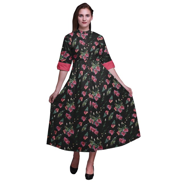 Bimba Robe Chemise à Imprimé Floral à Boutons, Col Mandarin, Manches Retroussables - Très Petit