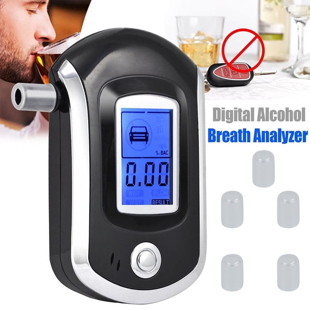 Alcohol Tester Breathalyzer Professional-Grade Accuracy Portable Breath Alcohol Tester for personal and professional use. Features include a digital LCD display with light blue illumination, showing % BAC readings, and a power-saving design with low voltage indication. Includes five spare mouthpieces and a no-drinking warning symbol in the background.
