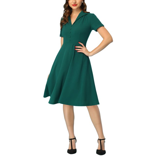 INSPIRE CHIC Robes Vintage pour Femmes 2024 Col Plat Manches Courtes Robe Évasée S Vert Foncé