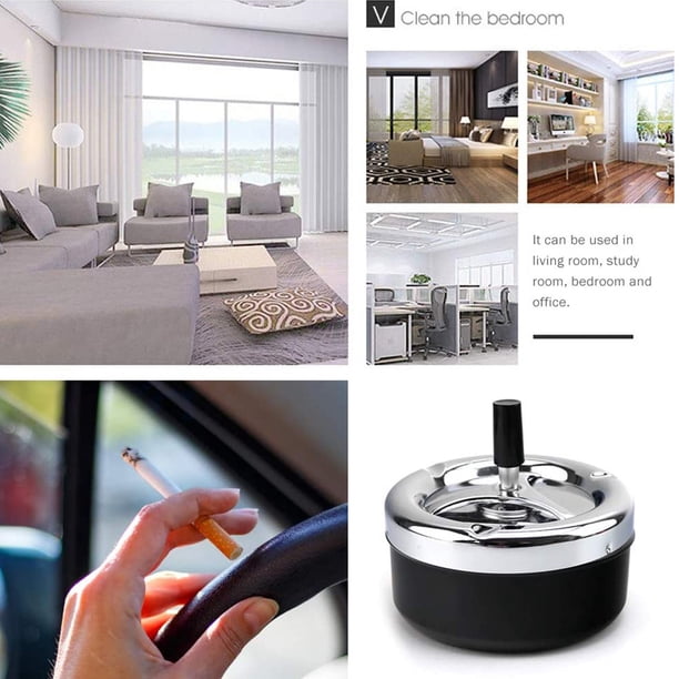 Round Push Down Cigarette Ashtray with Spinning Tray, Large, Black