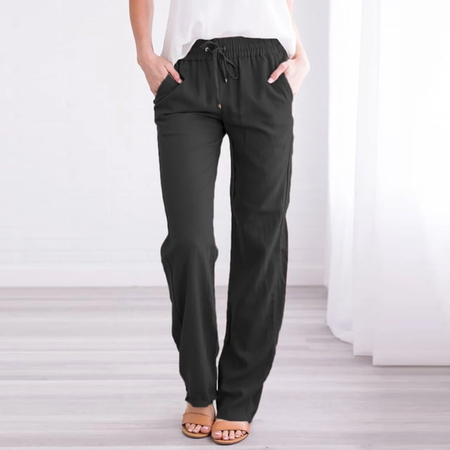 CEHVOM Women Casual Cotton And Linen Solid Drawstring Elastic Waist Long Straight Pants in a dark solid color. These women's bottoms feature a relaxed fit, elastic waistband with drawstring, and full-length straight legs. Styled with a casual white top and sandals, ideal for daily wear, outdoor activities, or casual occasions.