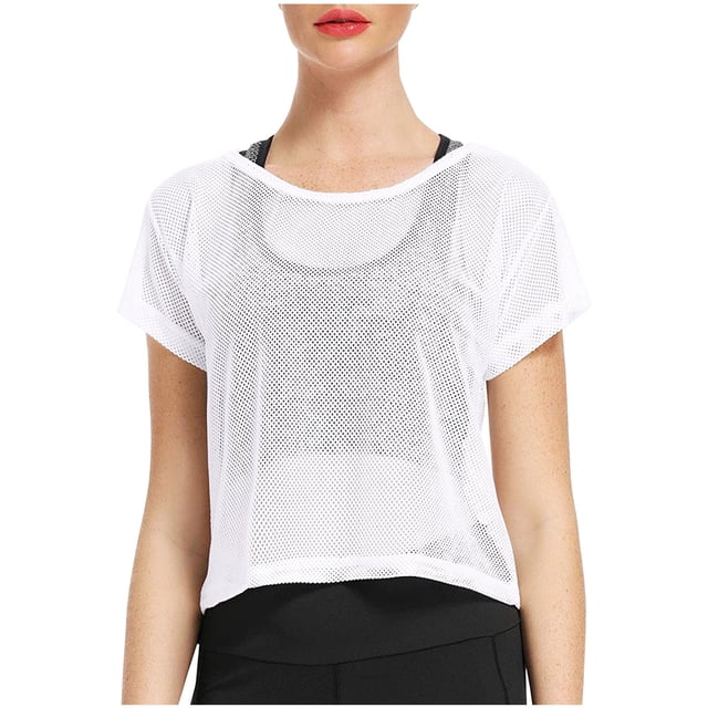 2025 T-Shirts pour Femmes Col Rond Transparent Femmes Manches Longues Course en Maille Doux Manches Courtes Col Montant Hauts à Manches Longues pour Femmes Haut Court Uni Chandail de Compression à Manches Longues Femmes T-Shirt en Filet
