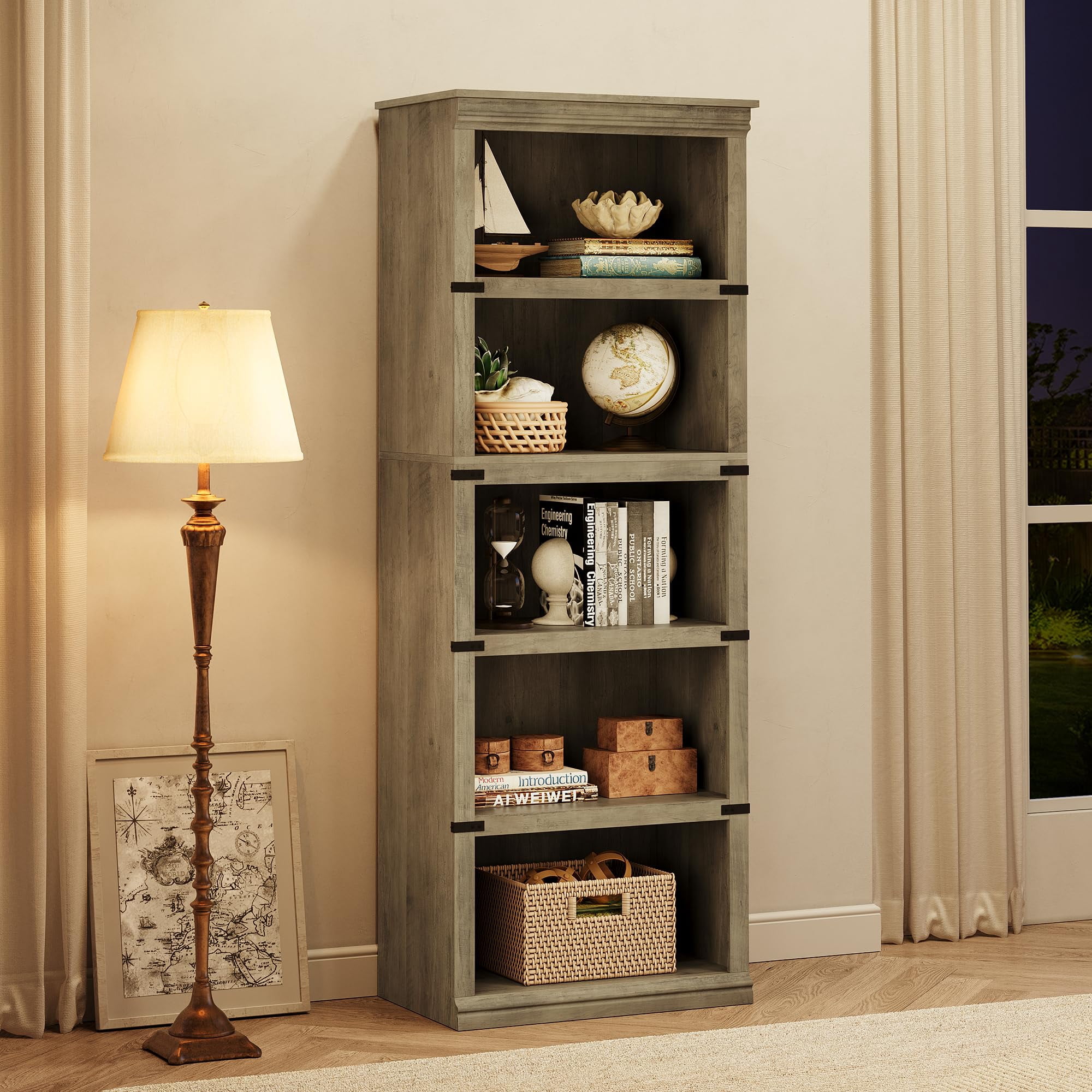 5 Tier Bookcase, Farmhouse Book Shelf with Storage Open Display Bookshelves for Home Office, Living Room, Bed Room