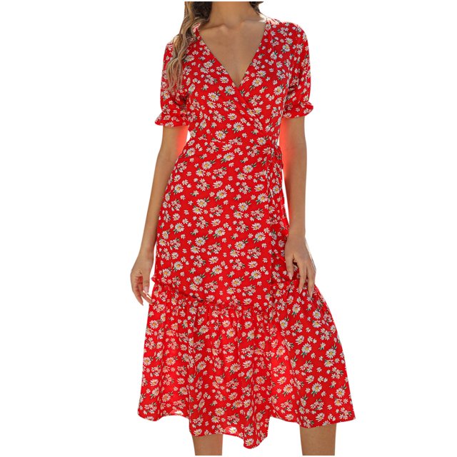 Chaussures Habillées pour Femmes Mode Décontractée pour Femmes Robe Bohème de Plage à Col en V en Mousseline Florale à Manches Courtes en Rouge Vif avec Imprimé Floral Blanc. Présente un Col en V Flatteur, des Manches Courtes et un Ourlet à Étages. Fabriquée en polyester Léger, Idéale pour les Sorties Décontractées au Printemps et en Été. Parfaite comme Robe Bohème de Plage, Offerte en Tailles P à TTG.