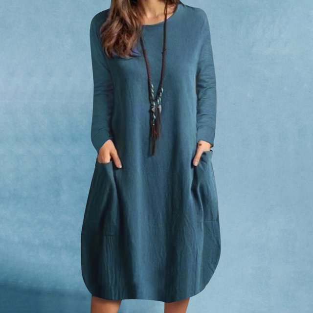 Robe à Manches Longues pour Femmes Mode Décontractée Col Rond Manches Longues Coton Lin Robe Mi-Mollet Poche Robes Unies Robes d'Été pour Femmes en Liquidation