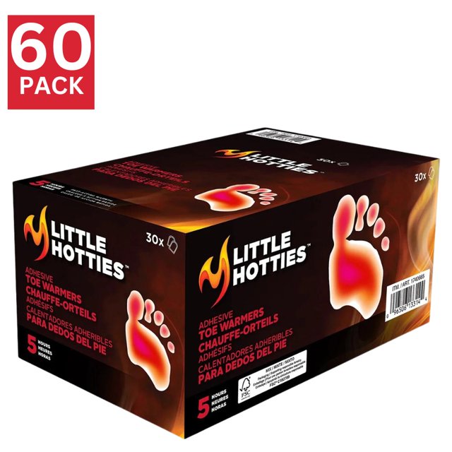 Little Hotties Toe Warmers - Box of 60 Pairs, air-activated chemical foot warmers made with all-natural materials. Provides up to 5 hours of eco-friendly heat, packaged in an FSC-certified box. Perfect for outdoor activities in cold weather.