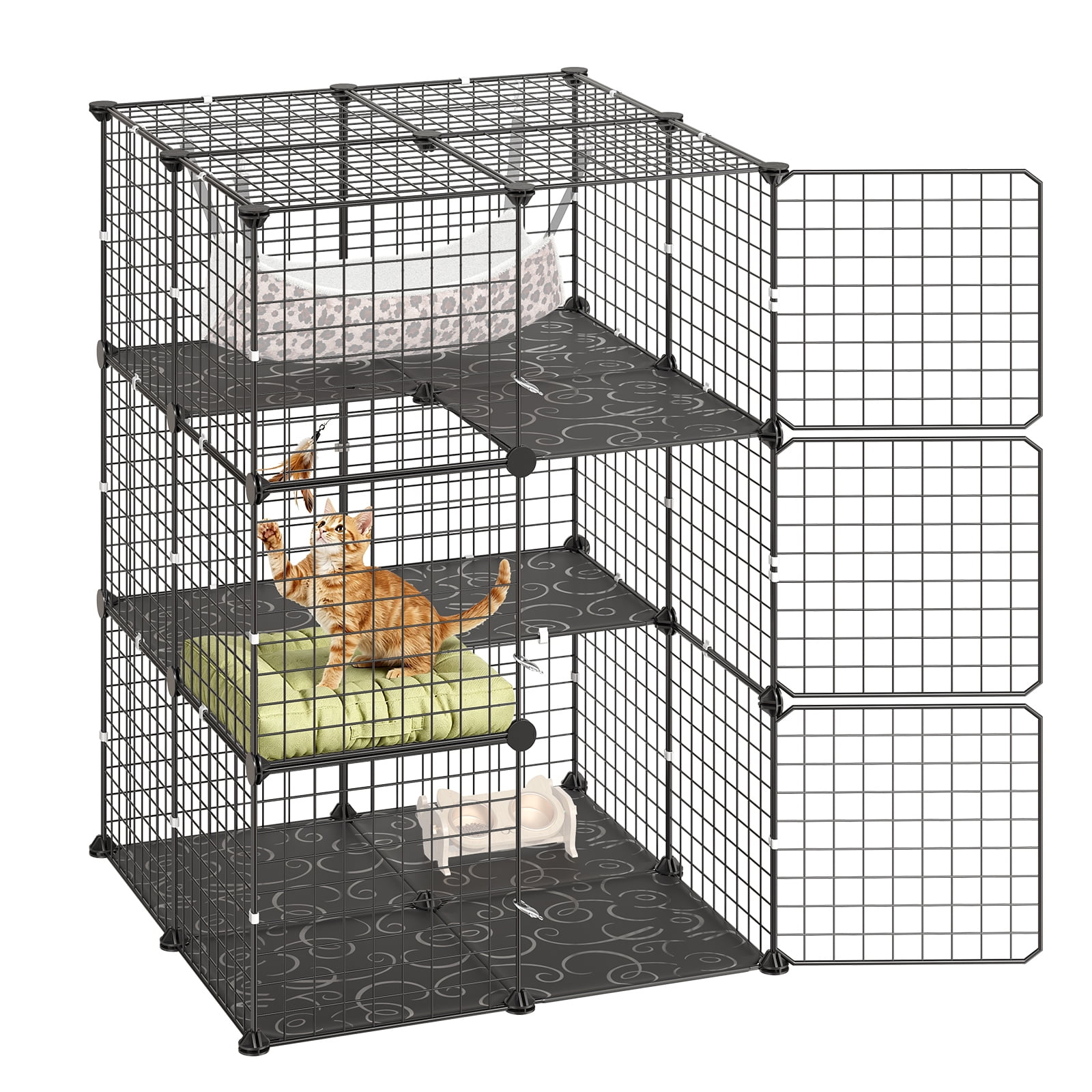 Kffkff Cat Cage 3-Tier 27.99"X27.99"X40.98" Diy Cat Playpen With Hammock, Indoor Enclosure Detachable Metal Wire Kennel Crate, Large Exercise Place Id