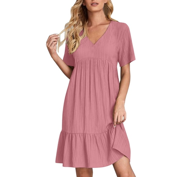 Spring Sale 2024!Hontri Womens Dresses Summer Dress Women's Linen Dresses Casual T Shirt Dress Short Sleeve V Neck Midi Dress A Line Red,Xl