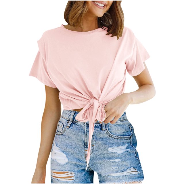 Hauts d'Été pour Femmes Décontractés à Col Rond Basiques Couleur Unie T-shirt à Manches Courtes Hauts pour Femmes Blouse Habillée