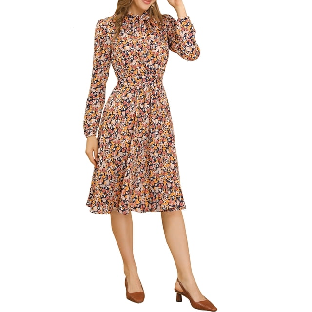 INSPIRE CHIC Robe Midi Ceinturée à Imprimé Floral Vintage en Mousseline à Manches Longues à Col Noué pour Femme 2TG Jaune