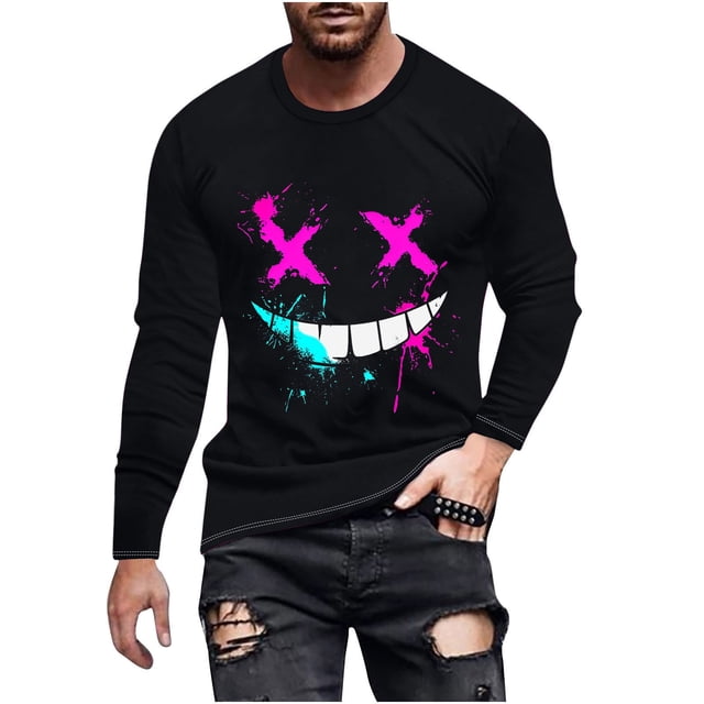 Haut Imprimé à la Mode pour Hommes avec Col Rond à Manches Longues et Visage Souriant Haut/chemise Impriméx
