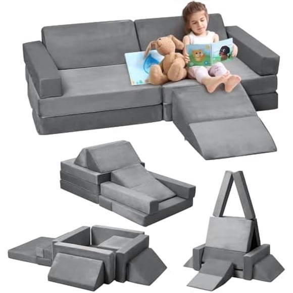 Ourlova Canapé de Jeu Modulaire d'Escalade Intérieur 12 Pcs avec Fosse à Balles Carrée et Coussin de Pente d'Escalade Ensemble de Jeu (Gris)
