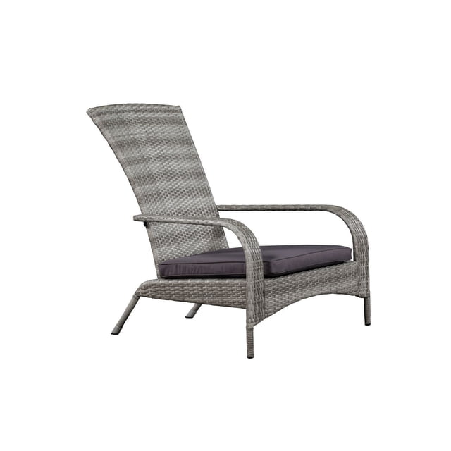 Patioflare Wicker Muskoka Chair in grey with woven wicker on a powder-coated steel frame, wide armrests, and a 2.5-inch thick dark grey cushion, shown in side profile on white background, suitable for outdoor patio or cottage seating and relaxing in garden spaces.