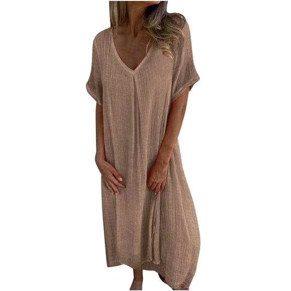 fatyb V Neck Casual Dress for Women Short Sleeve Long Tshirt Dress Lightweight Swimsuit Cover up Beachwear