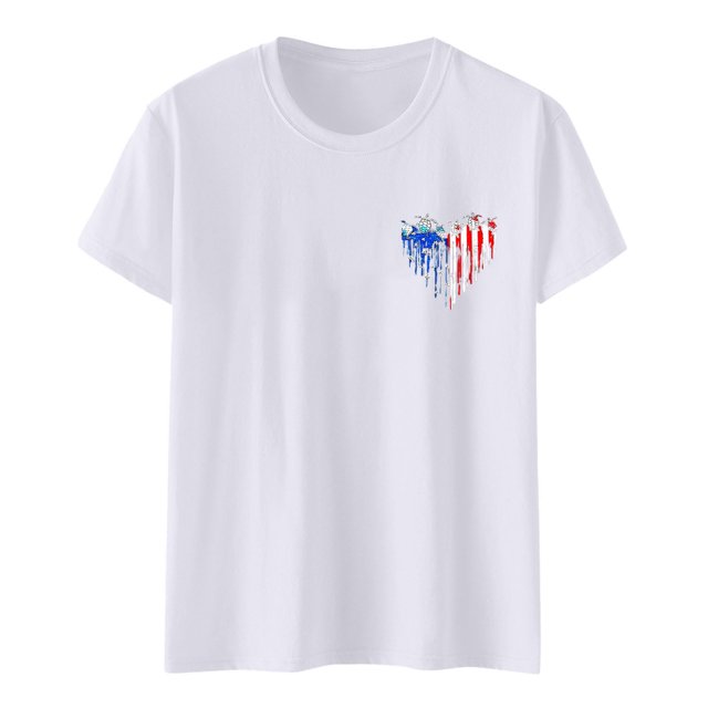 Hauts d'Été pour Femmes Jour de l'Indépendance Drapeau Col Rond Imprimé Lettre Manches Courtes T-Shirts pour Femmes Blanc S