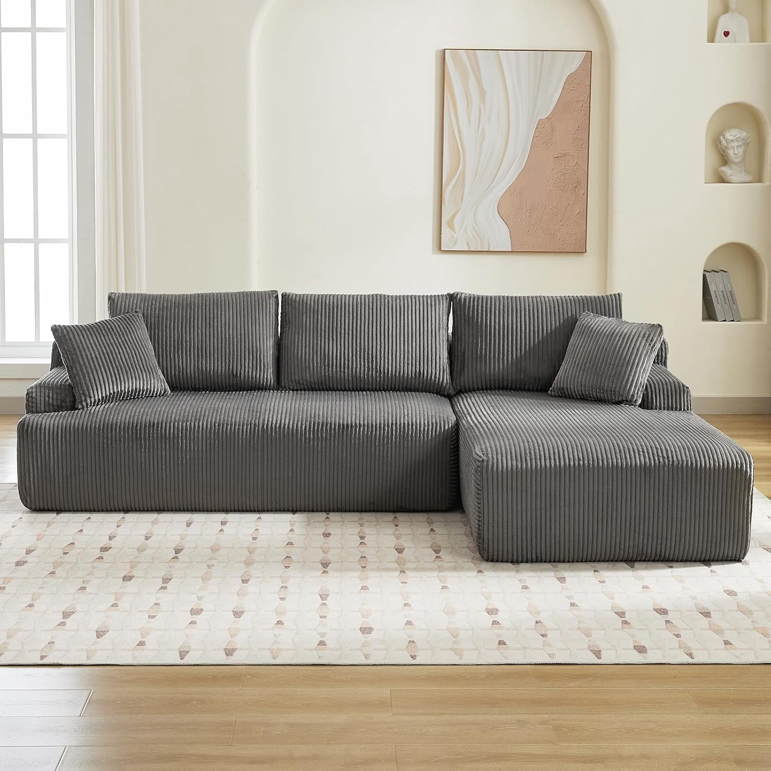 96" Modular Sectional Sofa Couches l-Shape Couch 3 Seat Modular Sofa Memory Foam Sectional Couches for Living Room, Cloud Couch with Oversized Chaise (Grey, Right Facing Chaise)